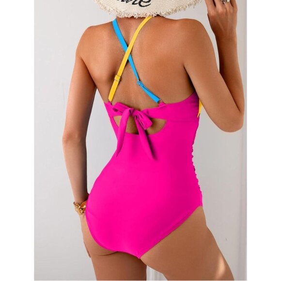 B2Prity Womens Large Colorblock One-Piece Swimsuit Tie Back Beach Vacation Pool - Picture 2 of 8